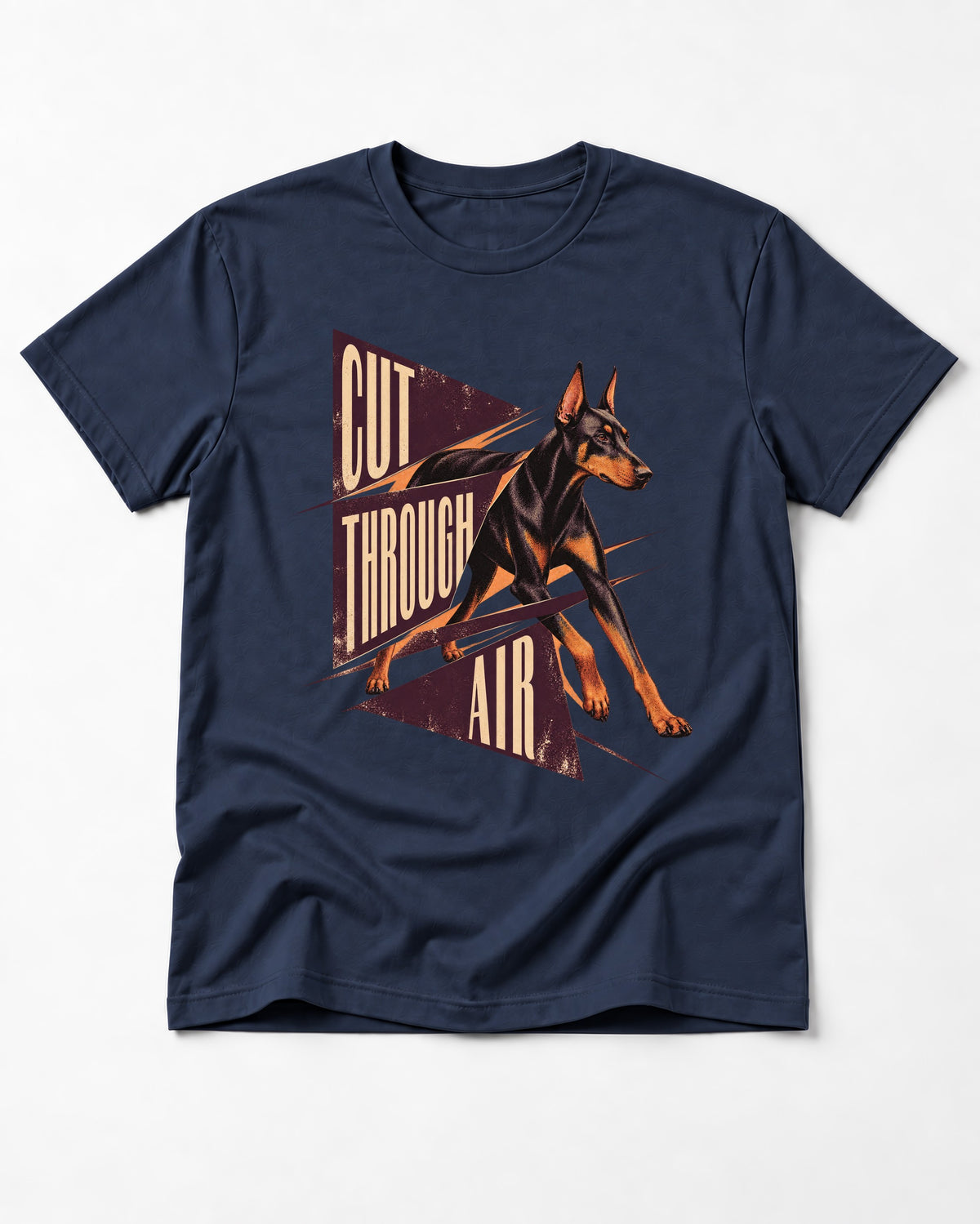 Doberman Cut Through Air Graphic T-Shirt in Navy, flat lay product photo