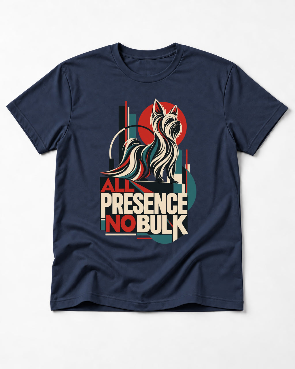 Yorkshire Terrier All Presence No Bulk Geometric Portrait Graphic T-Shirt in Navy, flat lay product photo