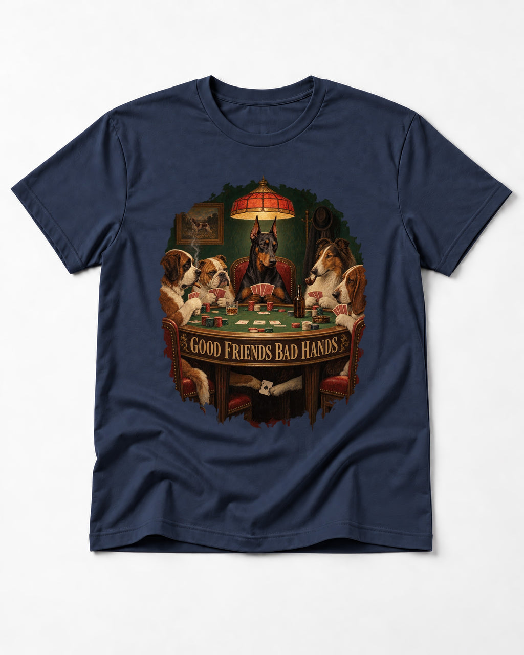 Doberman Good Friends Bad Hands Poker Night Graphic T-Shirt in Navy, flat lay product photo