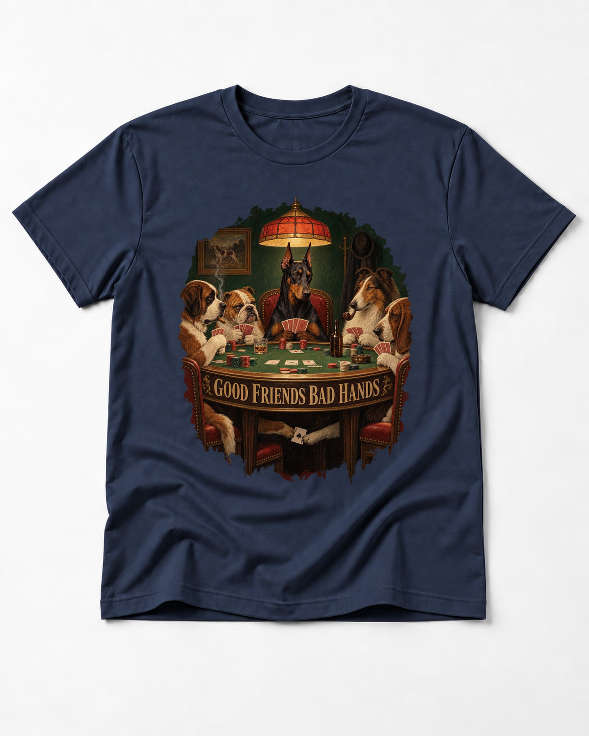 Doberman Good Friends Bad Hands Poker Night Graphic T-Shirt in Navy, flat lay product photo
