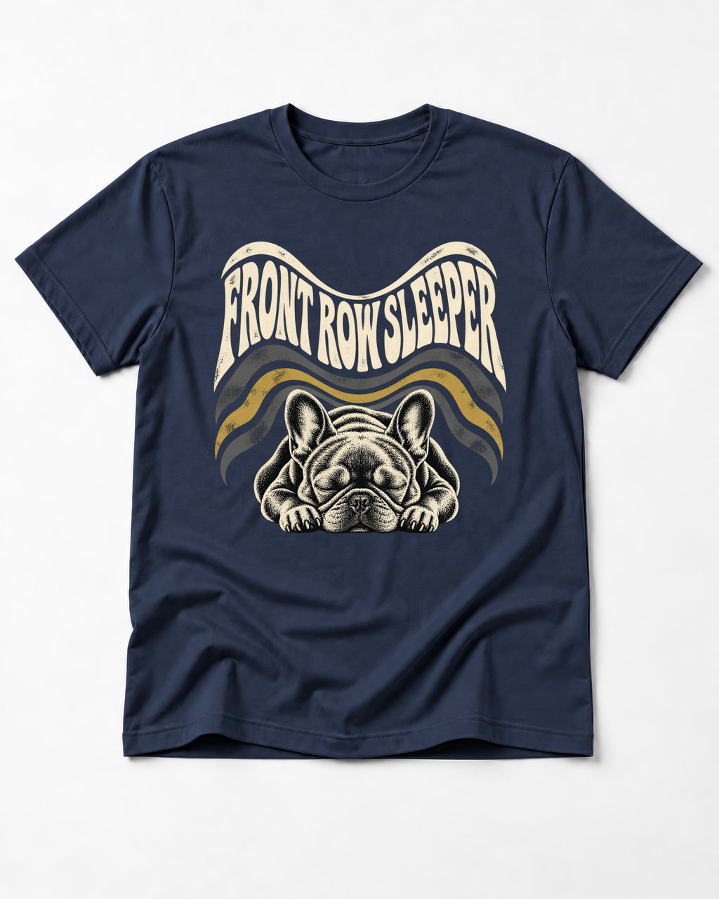 Frenchie Front Row Sleeper Retro Graphic T-Shirt in Navy, flat lay product photo
