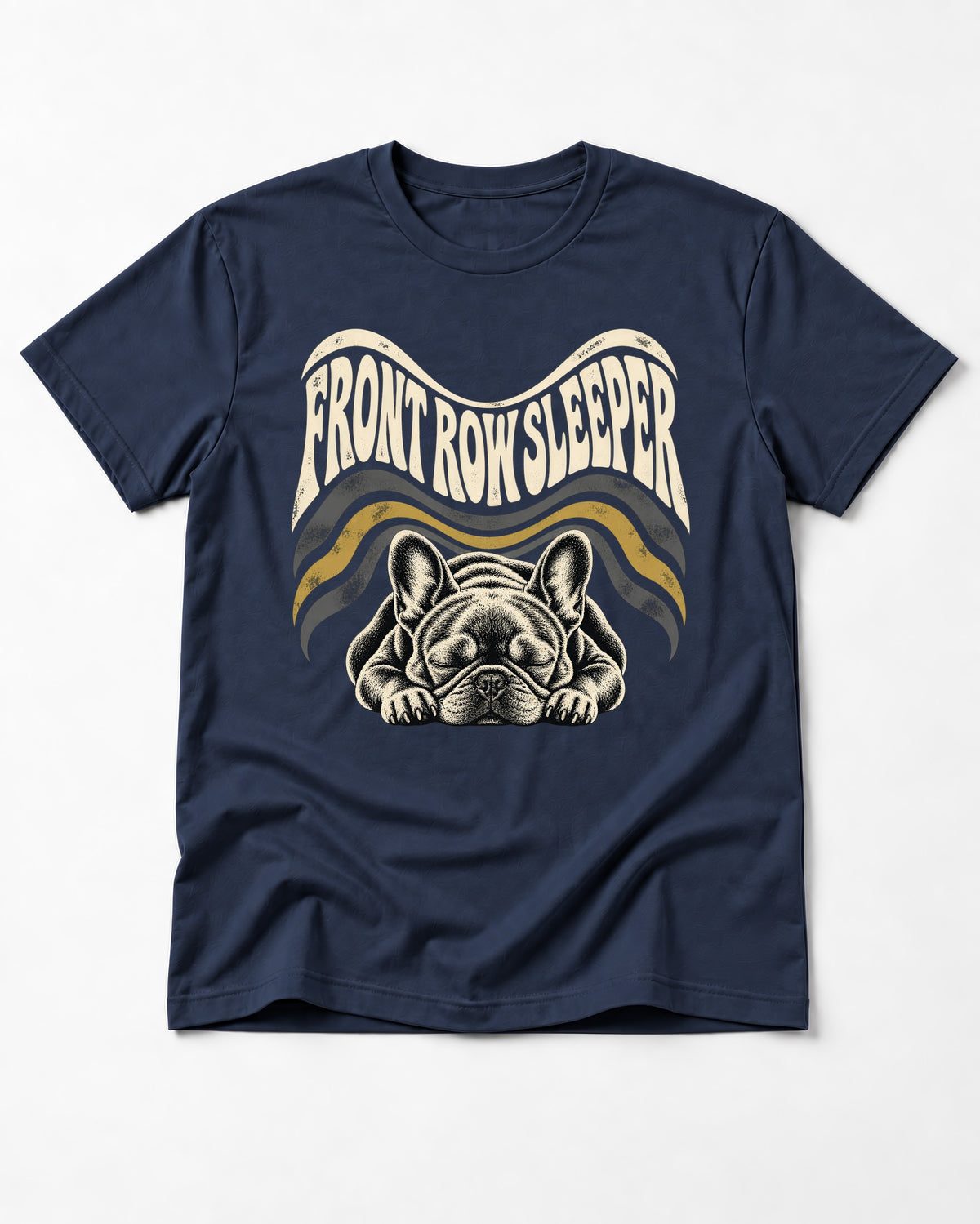 Frenchie Front Row Sleeper Retro Graphic T-Shirt in Navy, flat lay product photo