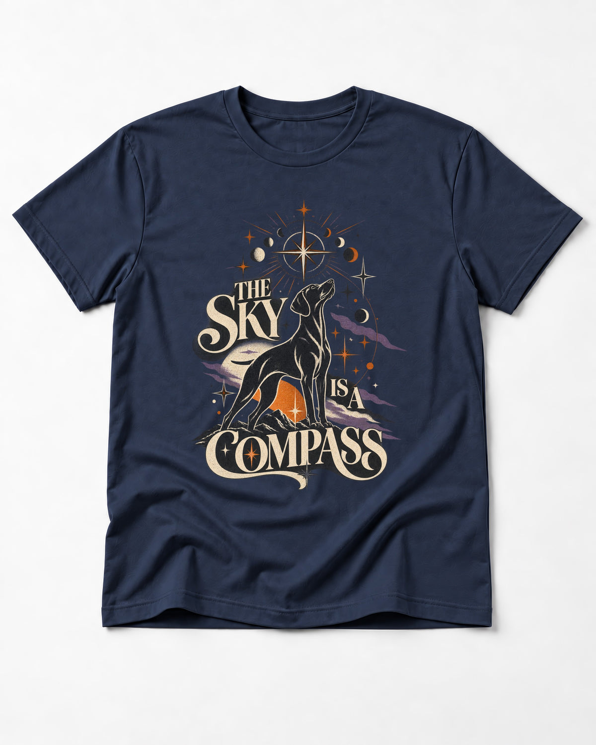The Sky Is a Compass Celestial German Shorthaired Pointer Graphic T-Shirt in Navy, flat lay product photo
