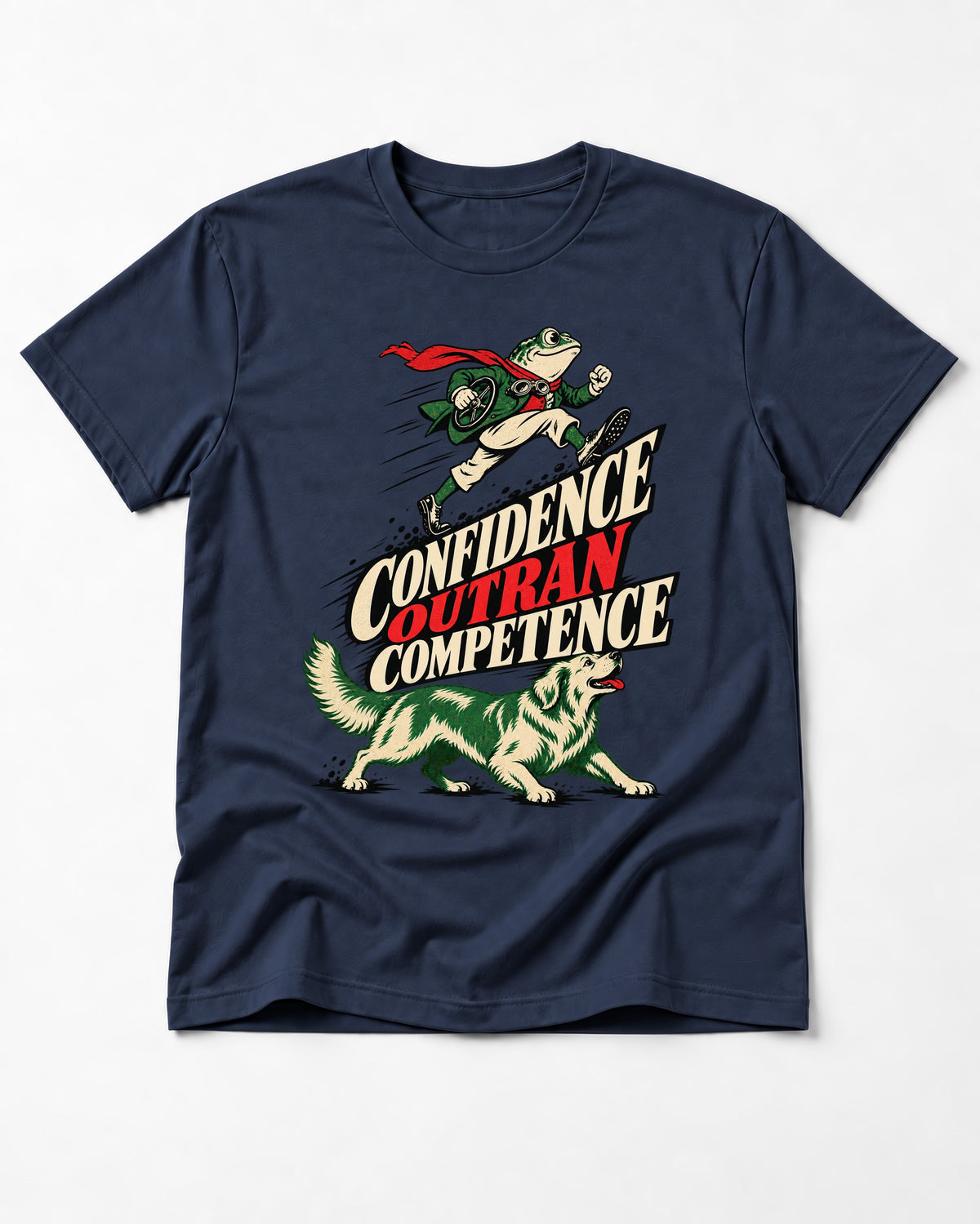 Golden Retriever Confidence Outran Competence Racing Graphic T-Shirt in Navy, flat lay product photo