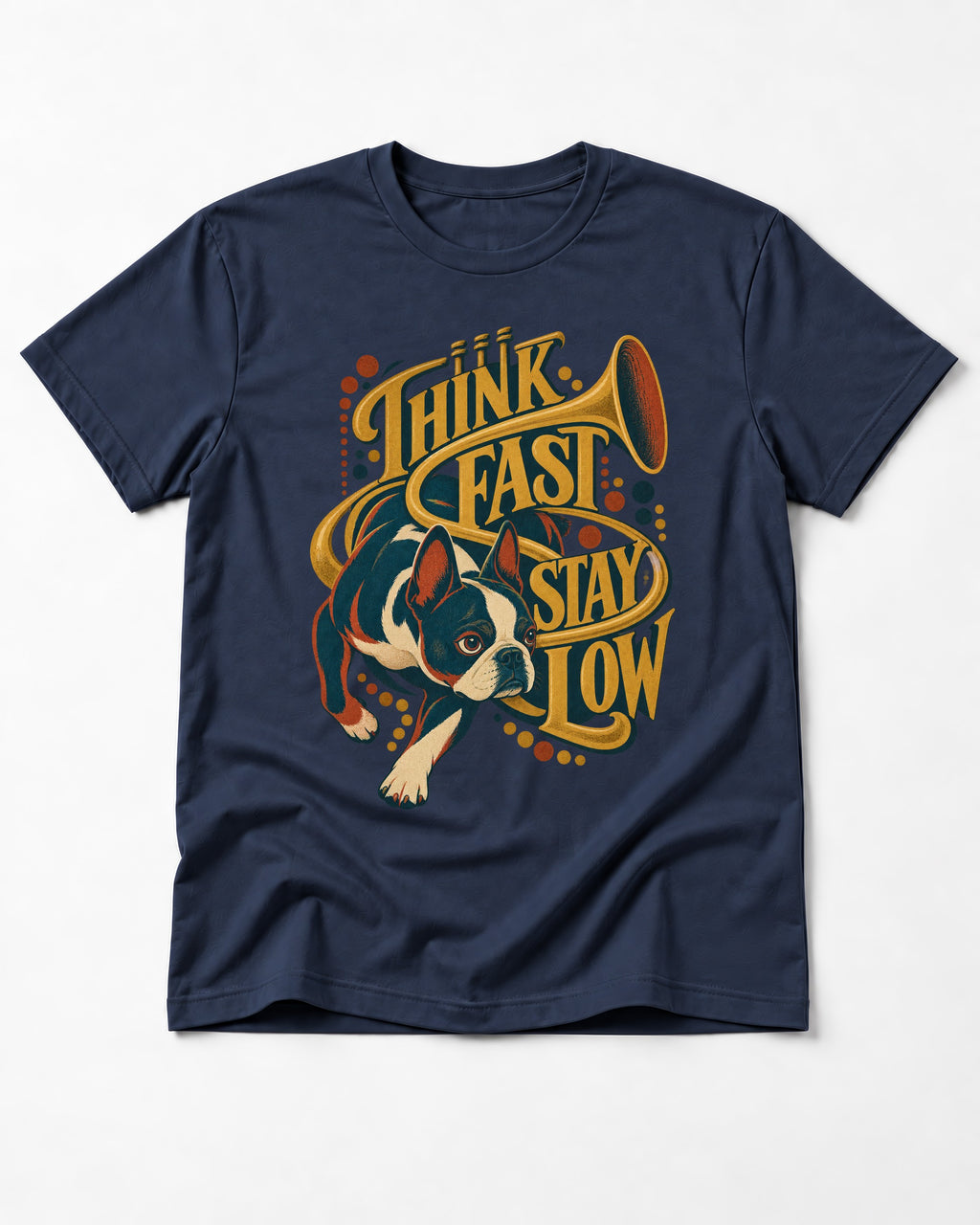 Boston Terrier Think Fast Stay Low T-Shirt in Navy, flat lay product photo