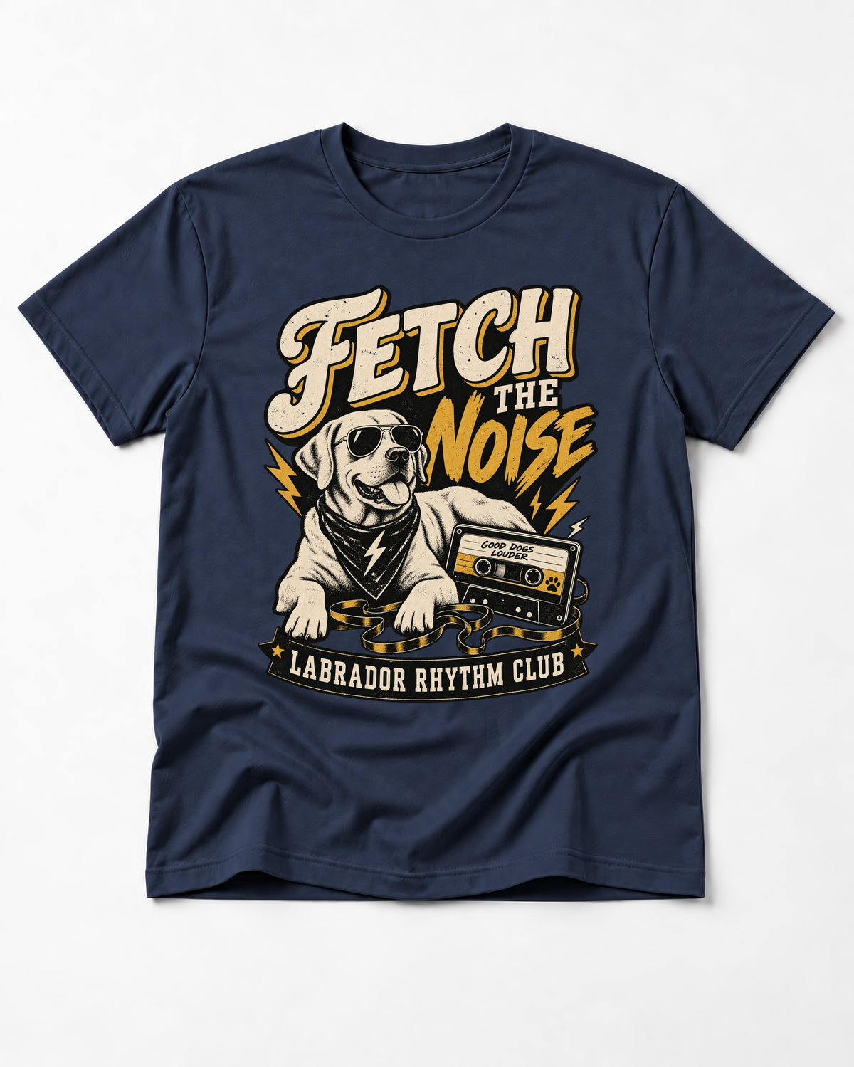 Labrador Retriever Fetch the Noise Rhythm Club DJ Graphic T-Shirt in Navy, flat lay product photo