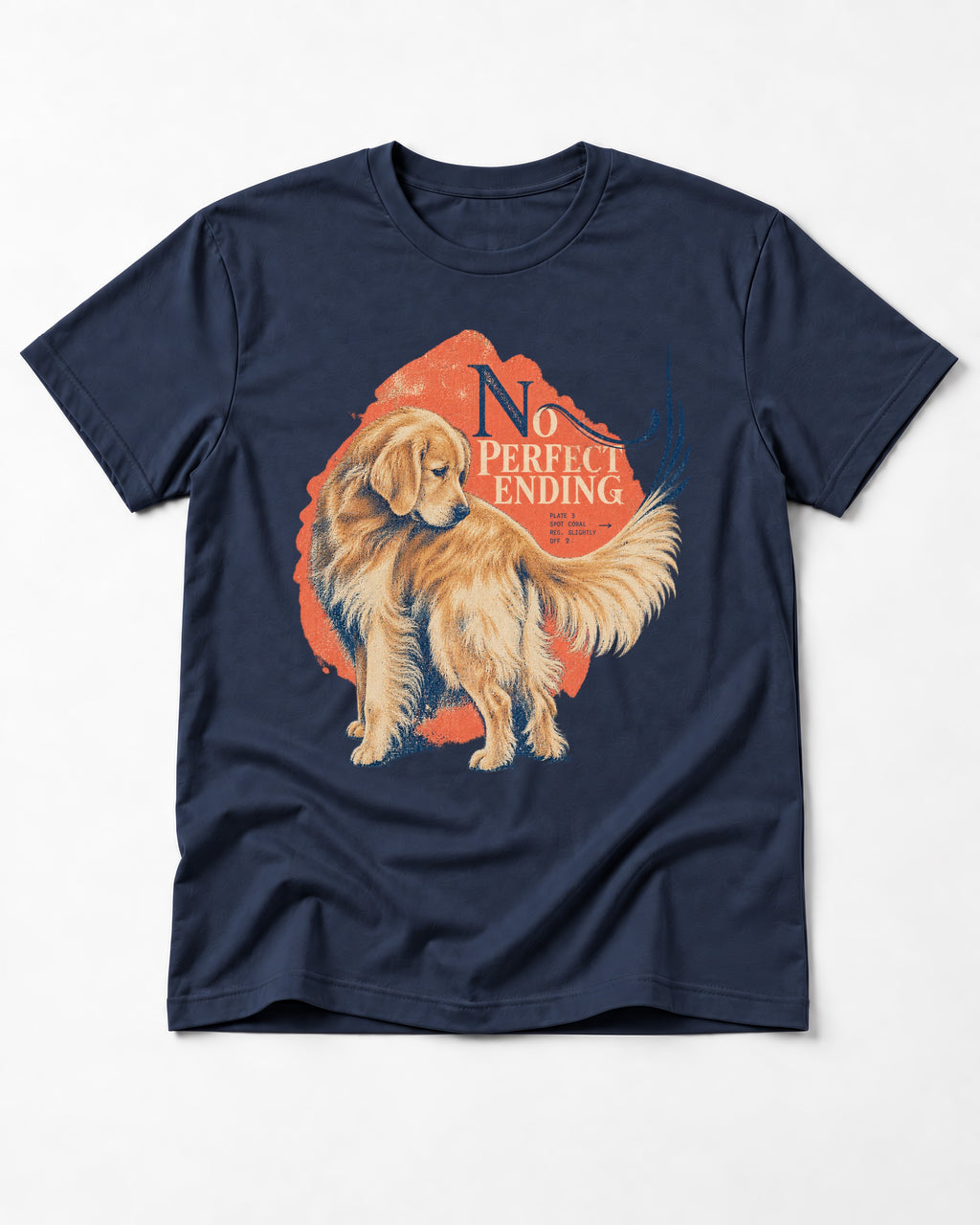 Golden Retriever No Perfect Ending Misregistration Graphic T-Shirt in Navy, flat lay product photo