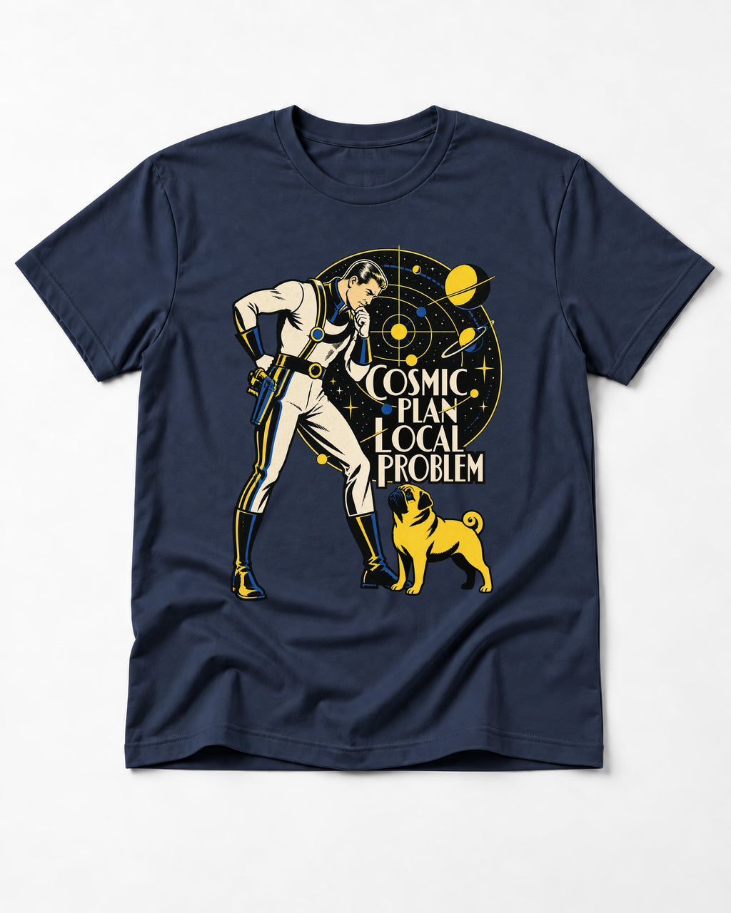 Pug Cosmic Plan Local Problem Astronaut Graphic T-Shirt in Navy, flat lay product photo