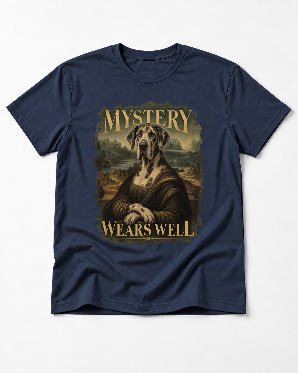 Great Dane Mystery Wears Well Renaissance Portrait Graphic T-Shirt in Navy, flat lay product photo