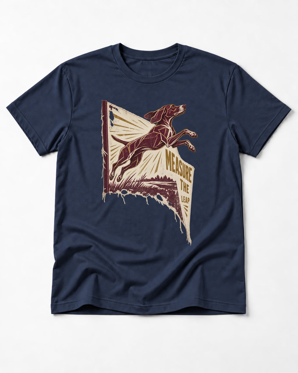 German Shorthaired Pointer Measure the Leap Torn Banner Graphic T-Shirt in Navy, flat lay product photo