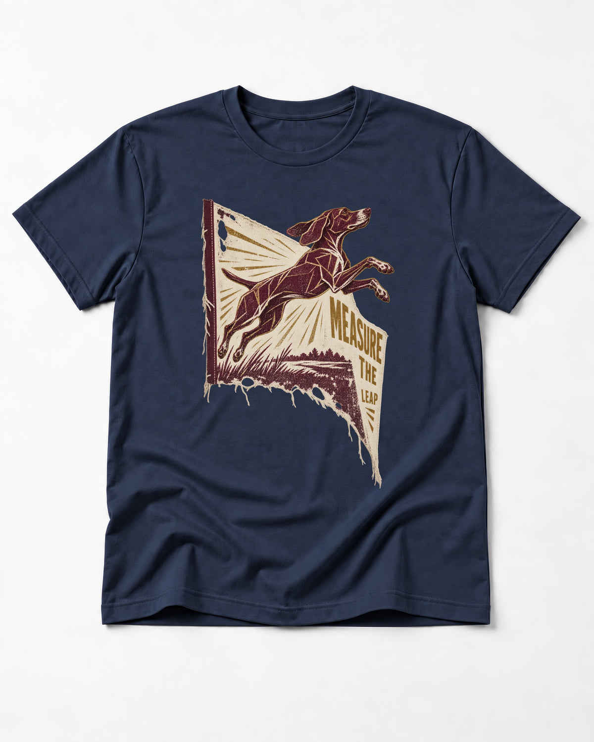 German Shorthaired Pointer Measure the Leap Torn Banner Graphic T-Shirt in Navy, flat lay product photo