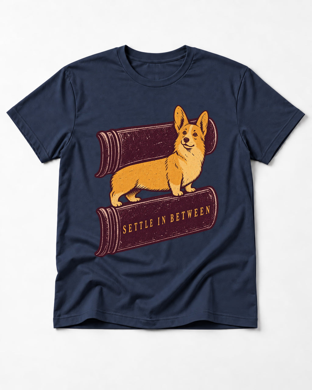 Corgi Settle in Between T-Shirt in Navy, flat lay product photo