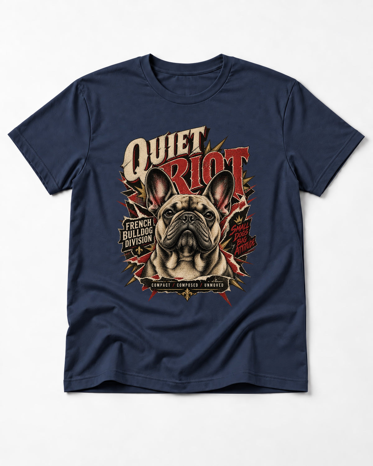 Frenchie Quiet Riot Division Emblem T-Shirt in Navy, flat lay product photo