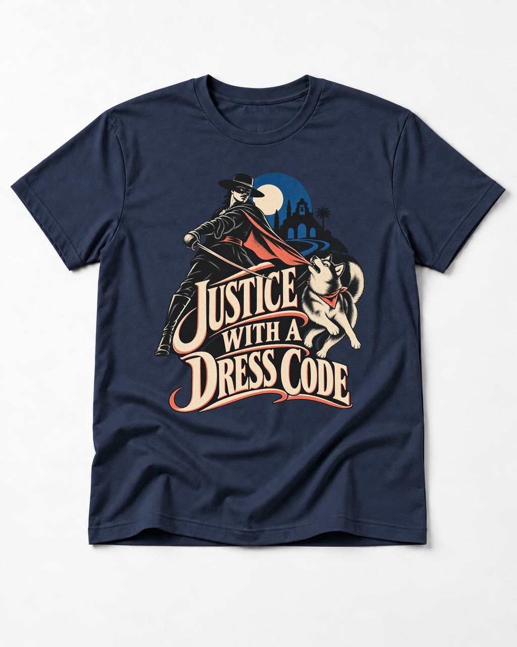 Husky Justice With A Dress Code Masked Swordsman Graphic T-Shirt in Navy, flat lay product photo