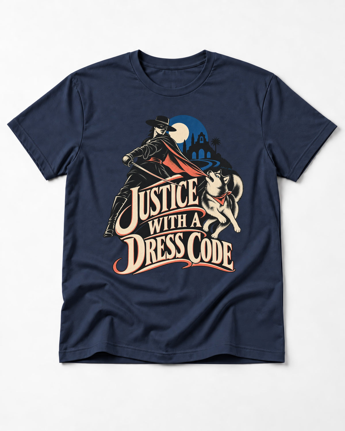 Husky Justice With A Dress Code Masked Swordsman Graphic T-Shirt in Navy, flat lay product photo