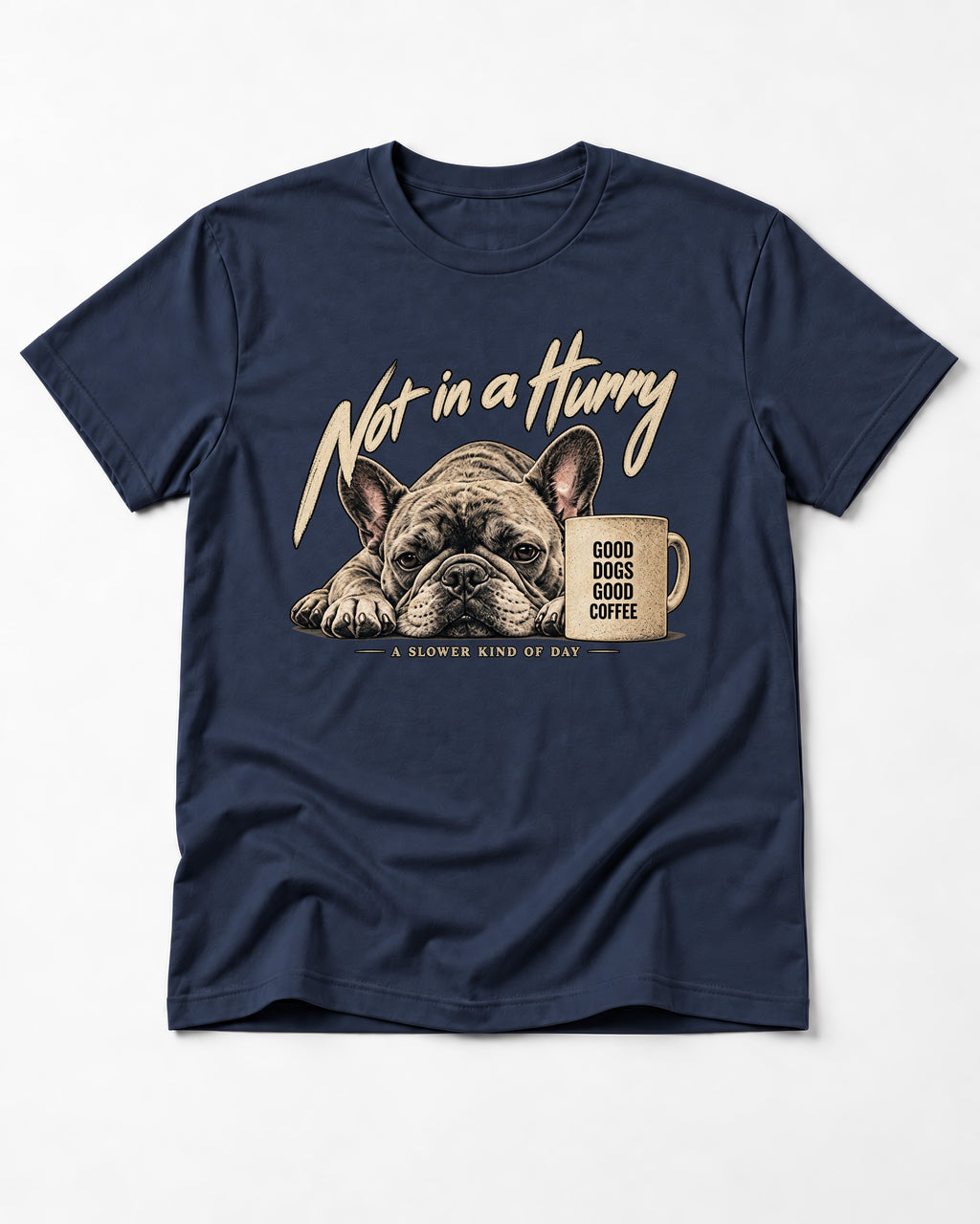 Frenchie Not in a Hurry Coffee Graphic T-Shirt in Navy, flat lay product photo
