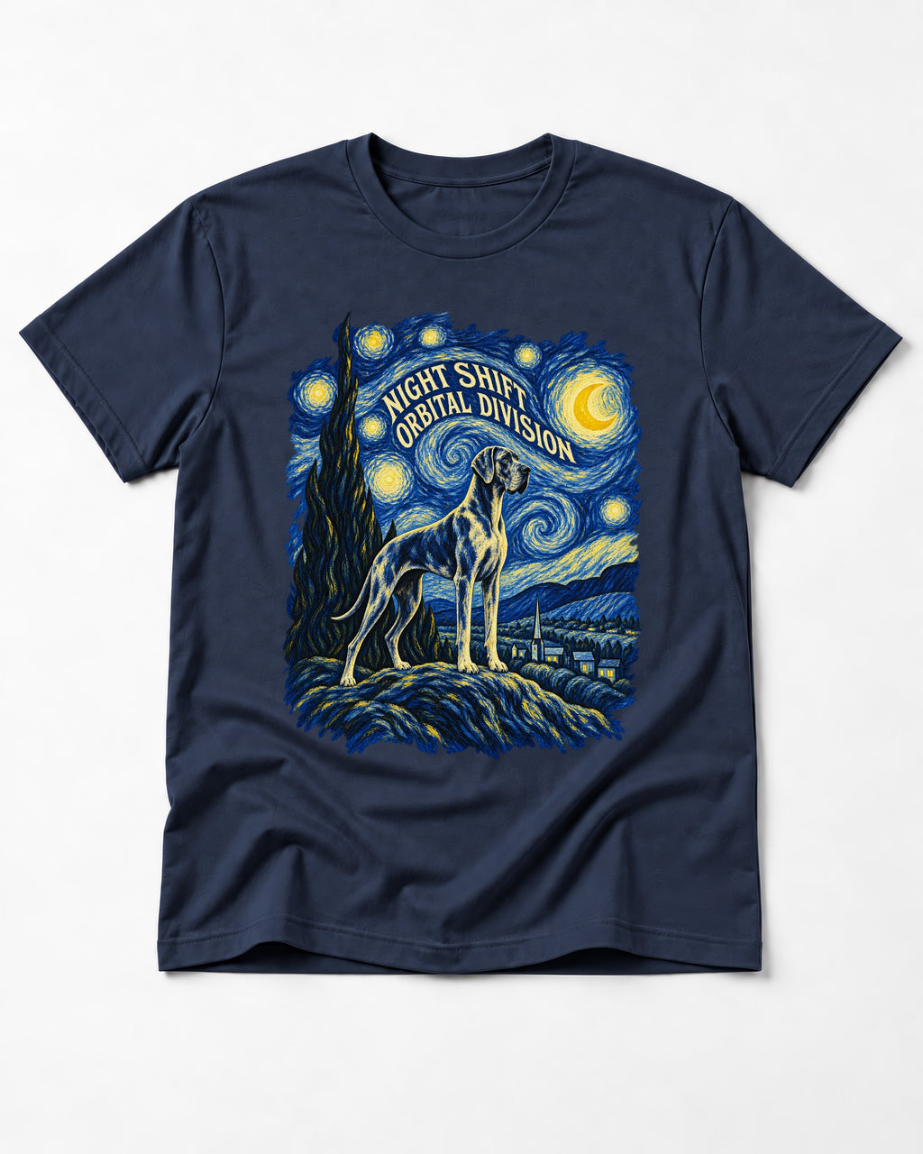 Great Dane Night Shift Orbital Division Starry Sky Graphic T-Shirt in Navy, flat lay product photo