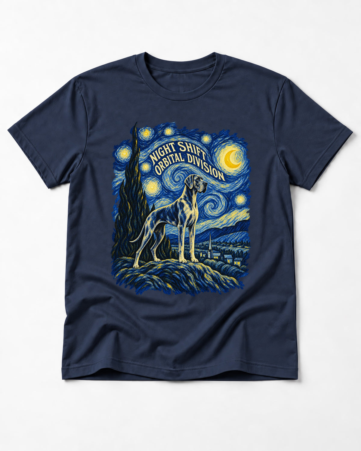 Great Dane Night Shift Orbital Division Starry Sky Graphic T-Shirt in Navy, flat lay product photo