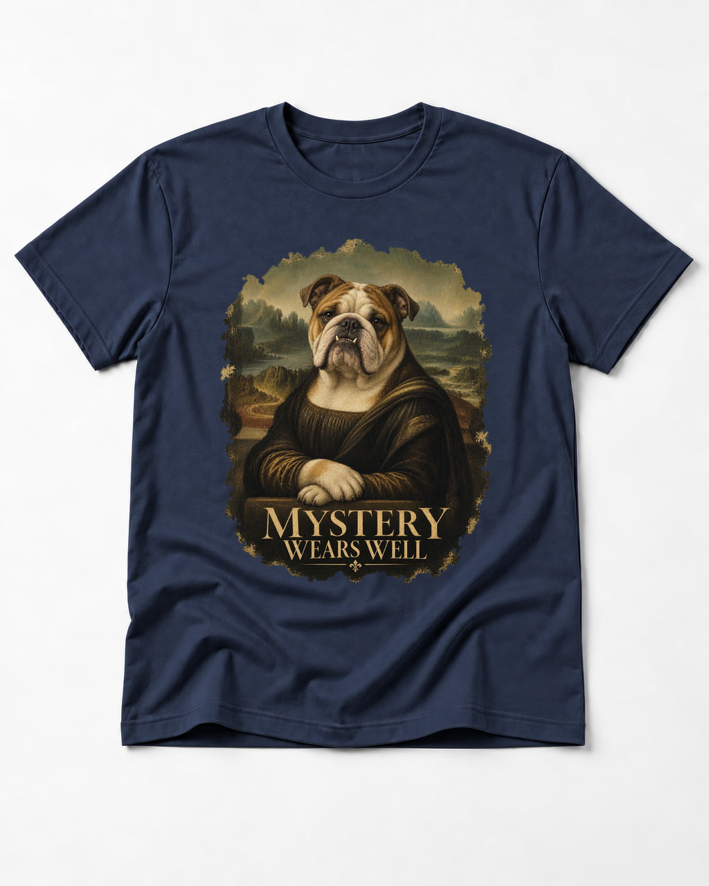 English Bulldog Mystery Wears Well Mona Lisa Portrait T-Shirt in Navy, flat lay product photo