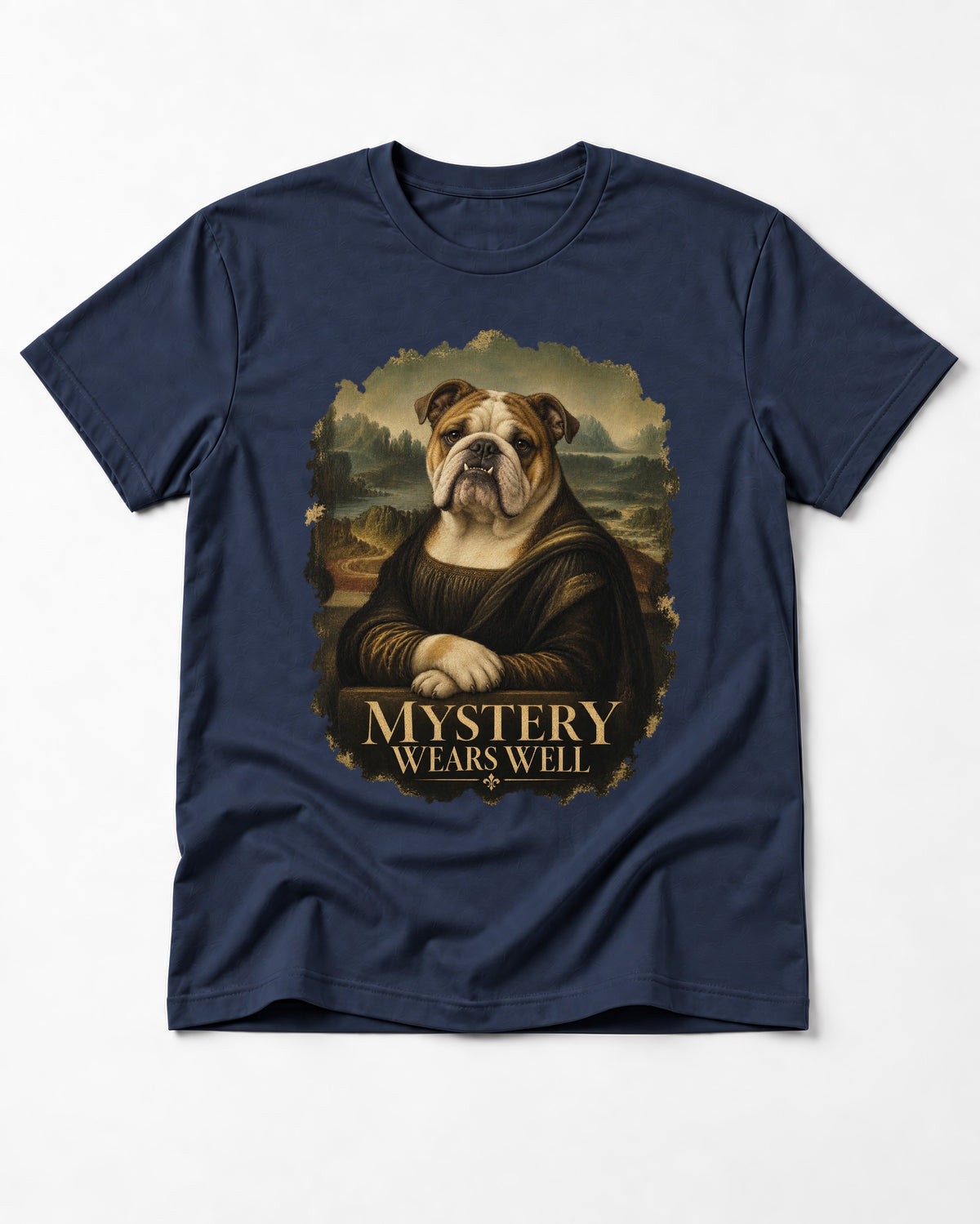 English Bulldog Mystery Wears Well Mona Lisa Portrait T-Shirt in Navy, flat lay product photo
