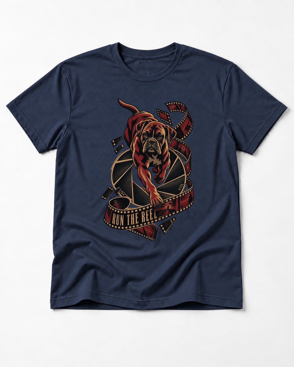 Run the Reel Boxer Film Graphic T-Shirt in Navy, flat lay product photo