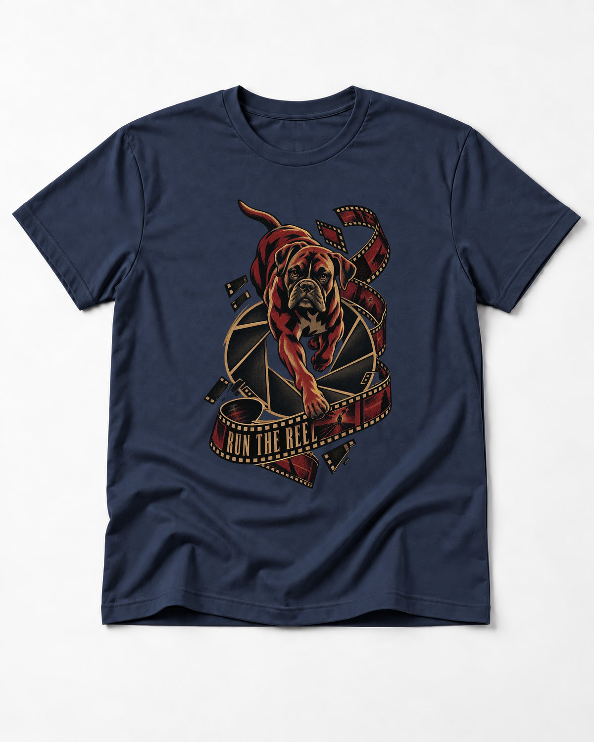 Run the Reel Boxer Film Graphic T-Shirt in Navy, flat lay product photo