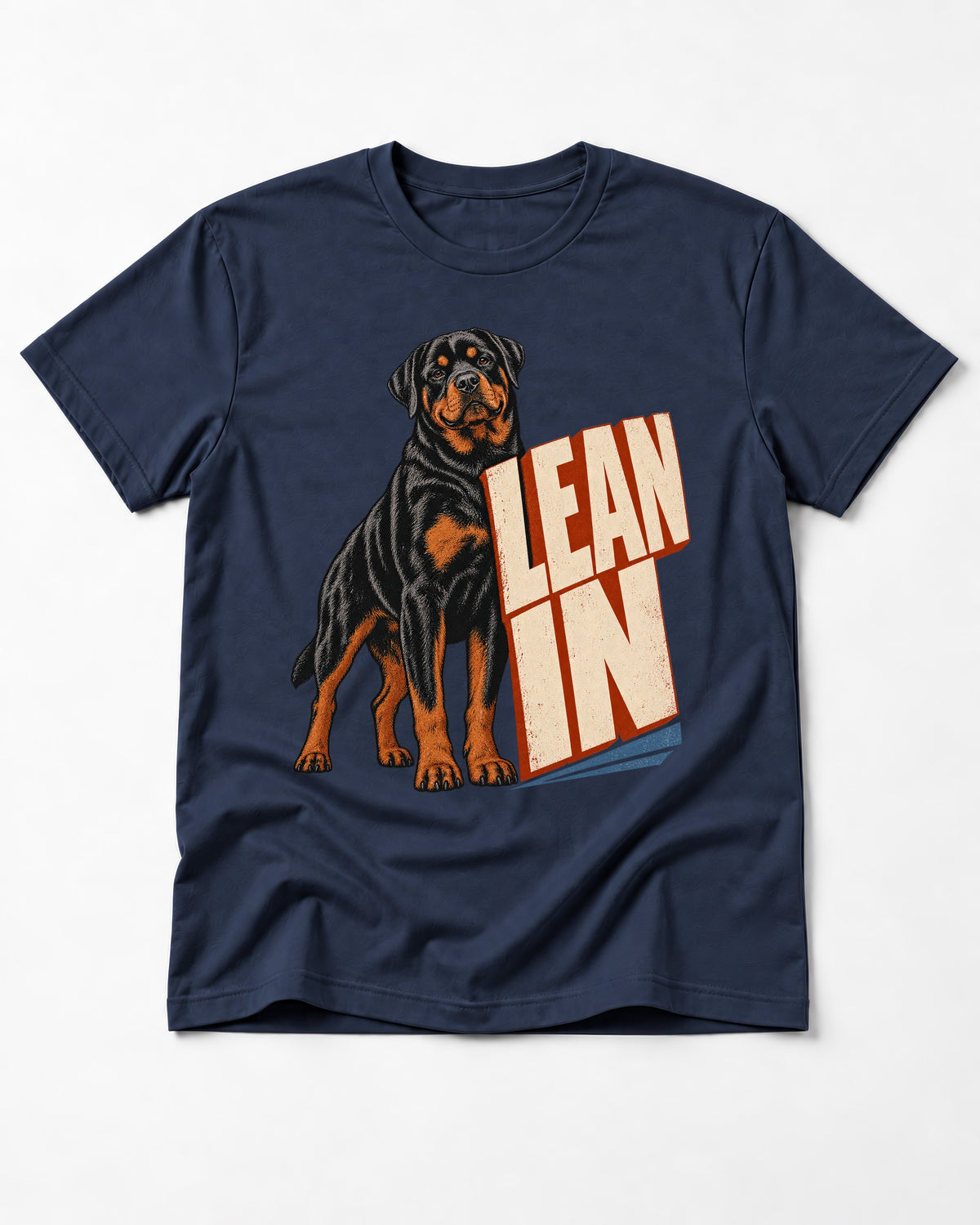 Rottweiler Lean In Block Typography Graphic T-Shirt in Navy, flat lay product photo
