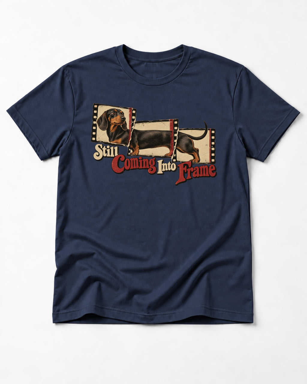 Dachshund Still Coming Into Frame Vintage Filmstrip Graphic T-Shirt in Navy, flat lay product photo