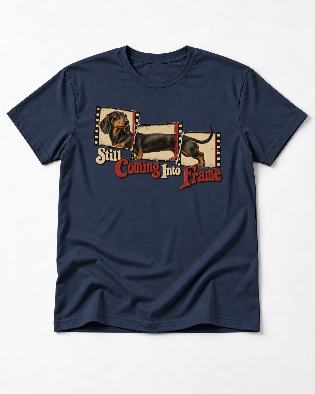 Dachshund Still Coming Into Frame Vintage Filmstrip Graphic T-Shirt in Navy, flat lay product photo