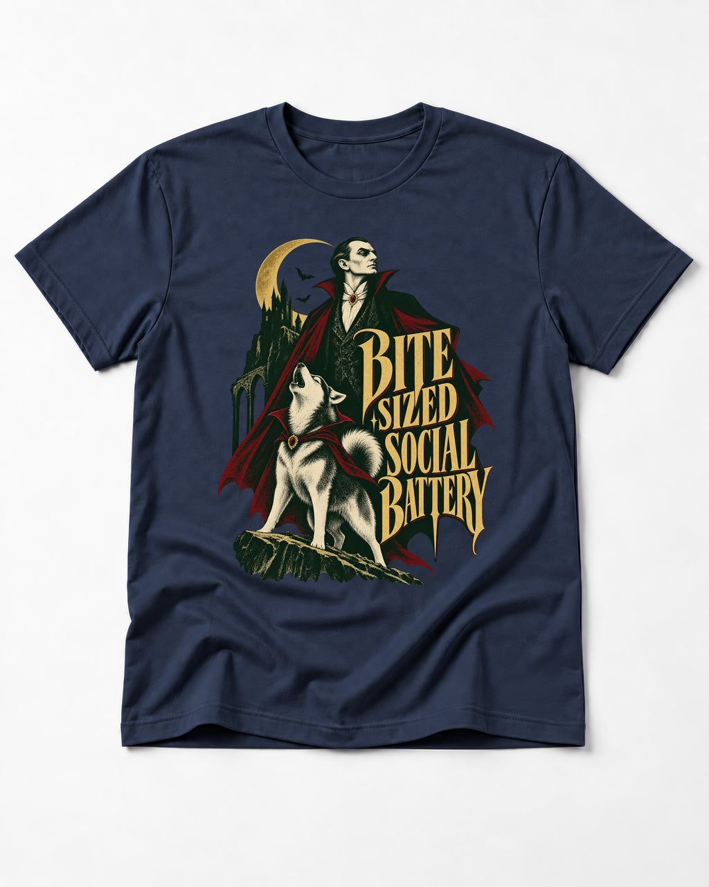 Husky Bite Sized Social Battery Vampire Graphic T-Shirt in Navy, flat lay product photo