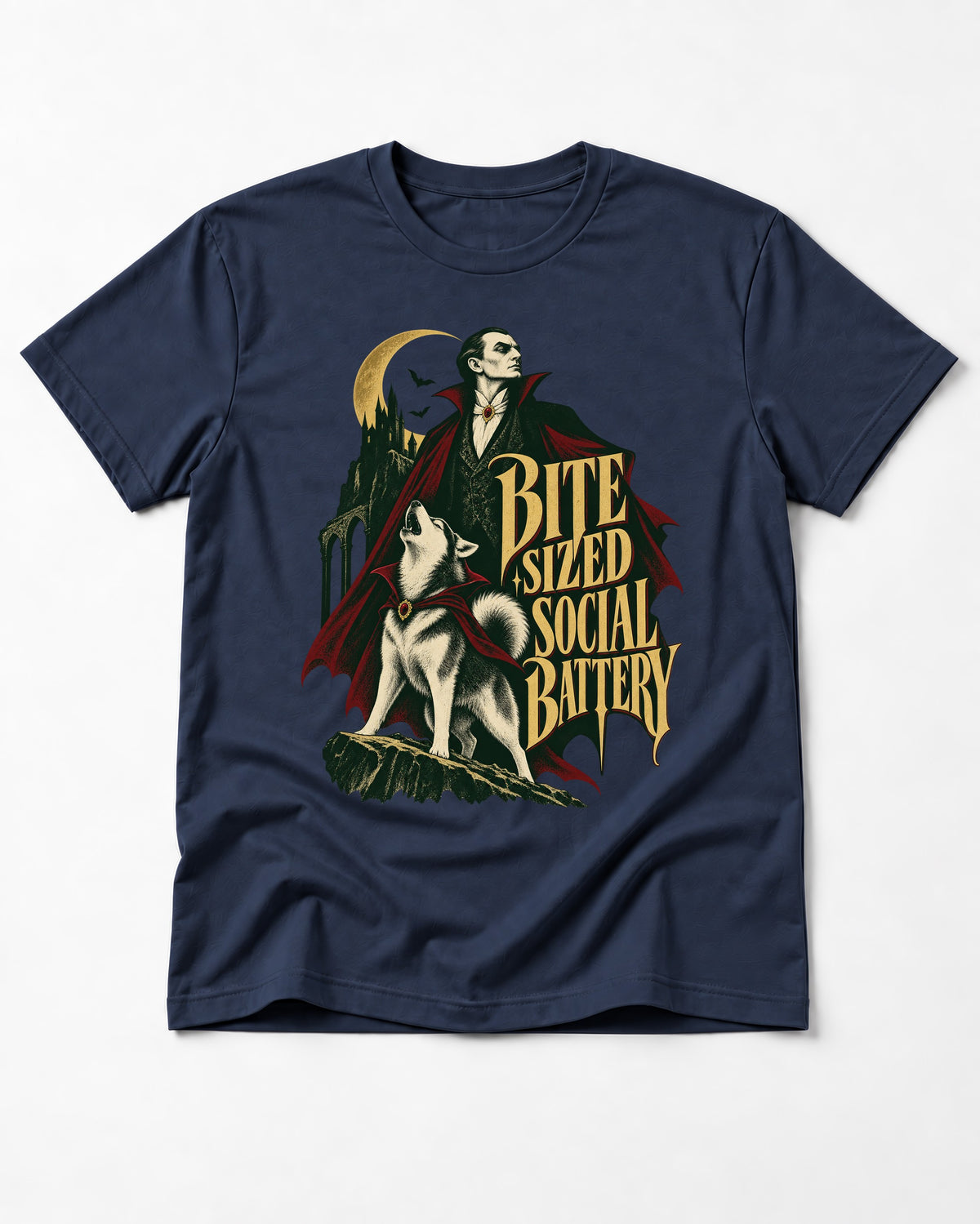 Husky Bite Sized Social Battery Vampire Graphic T-Shirt in Navy, flat lay product photo