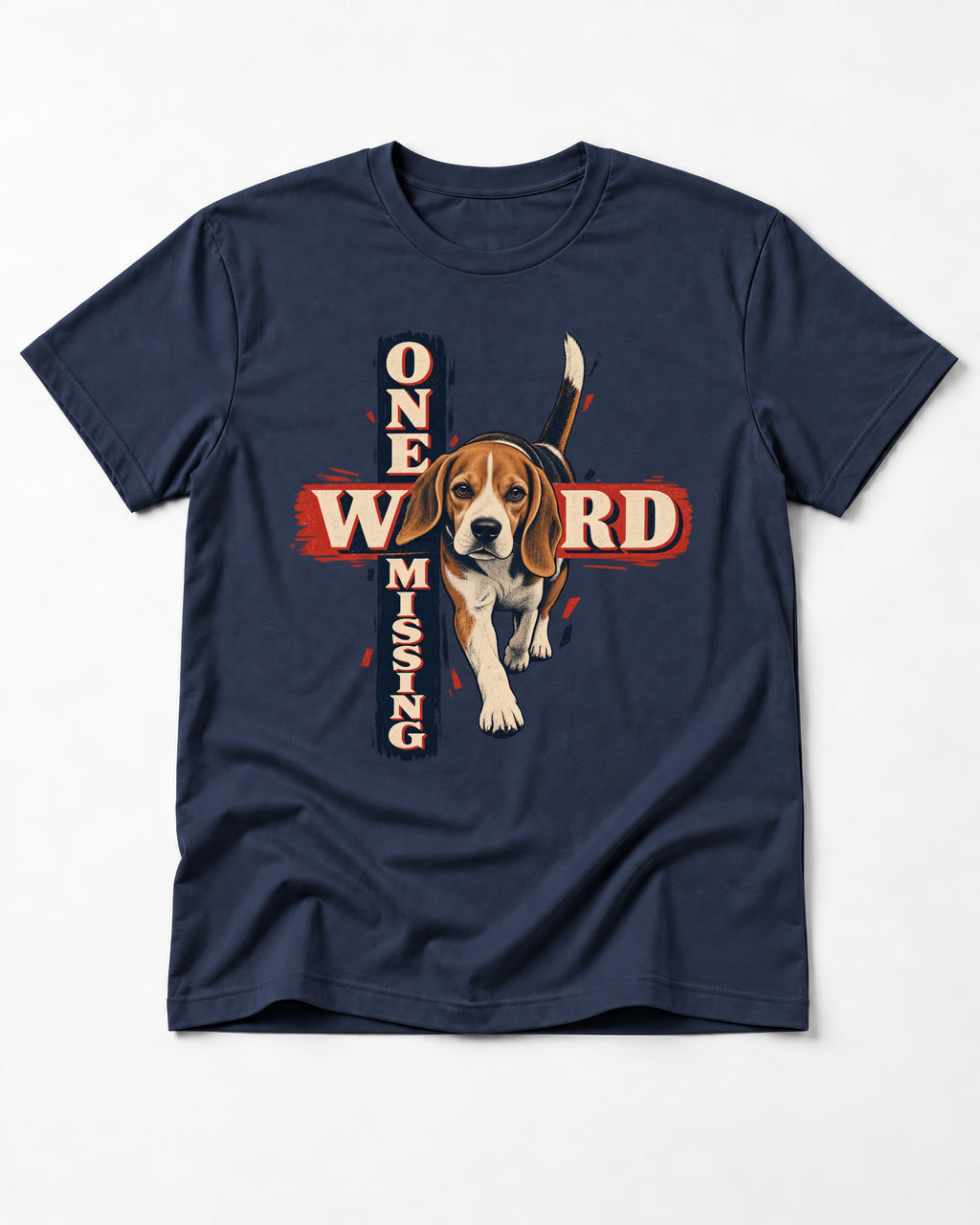 Beagle One Word Missing T-Shirt in Navy, flat lay product photo
