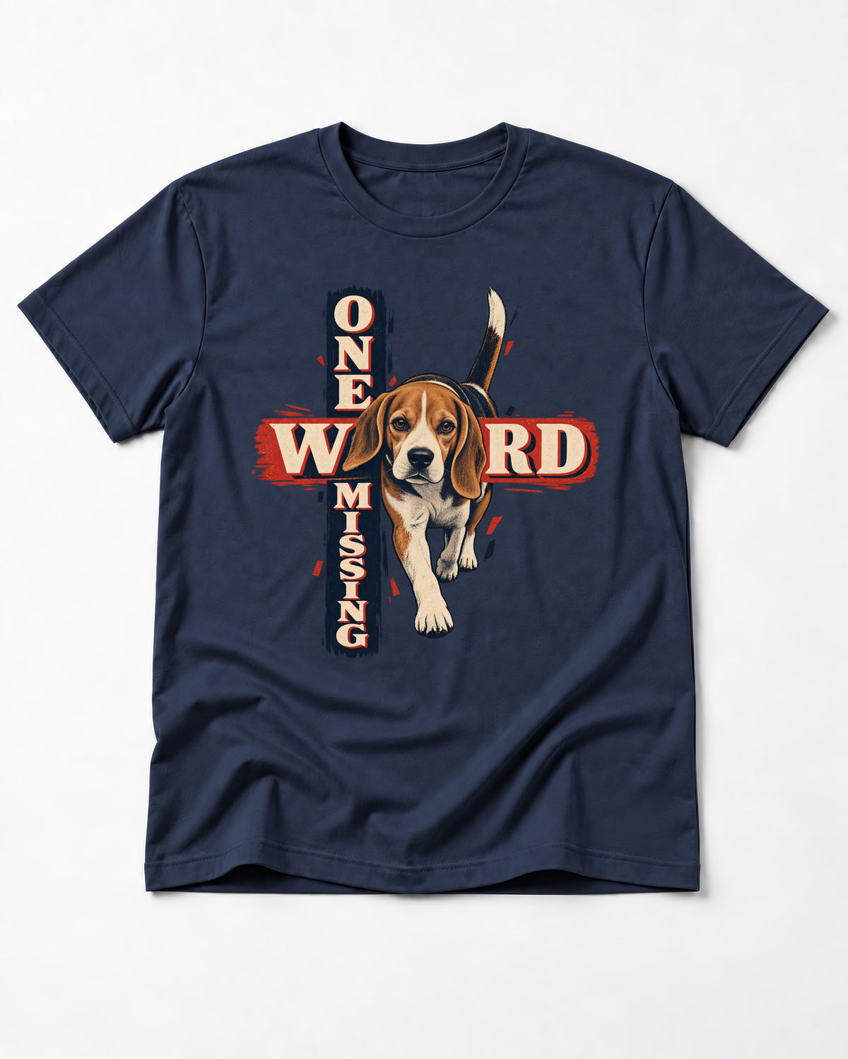 Beagle One Word Missing T-Shirt in Navy, flat lay product photo