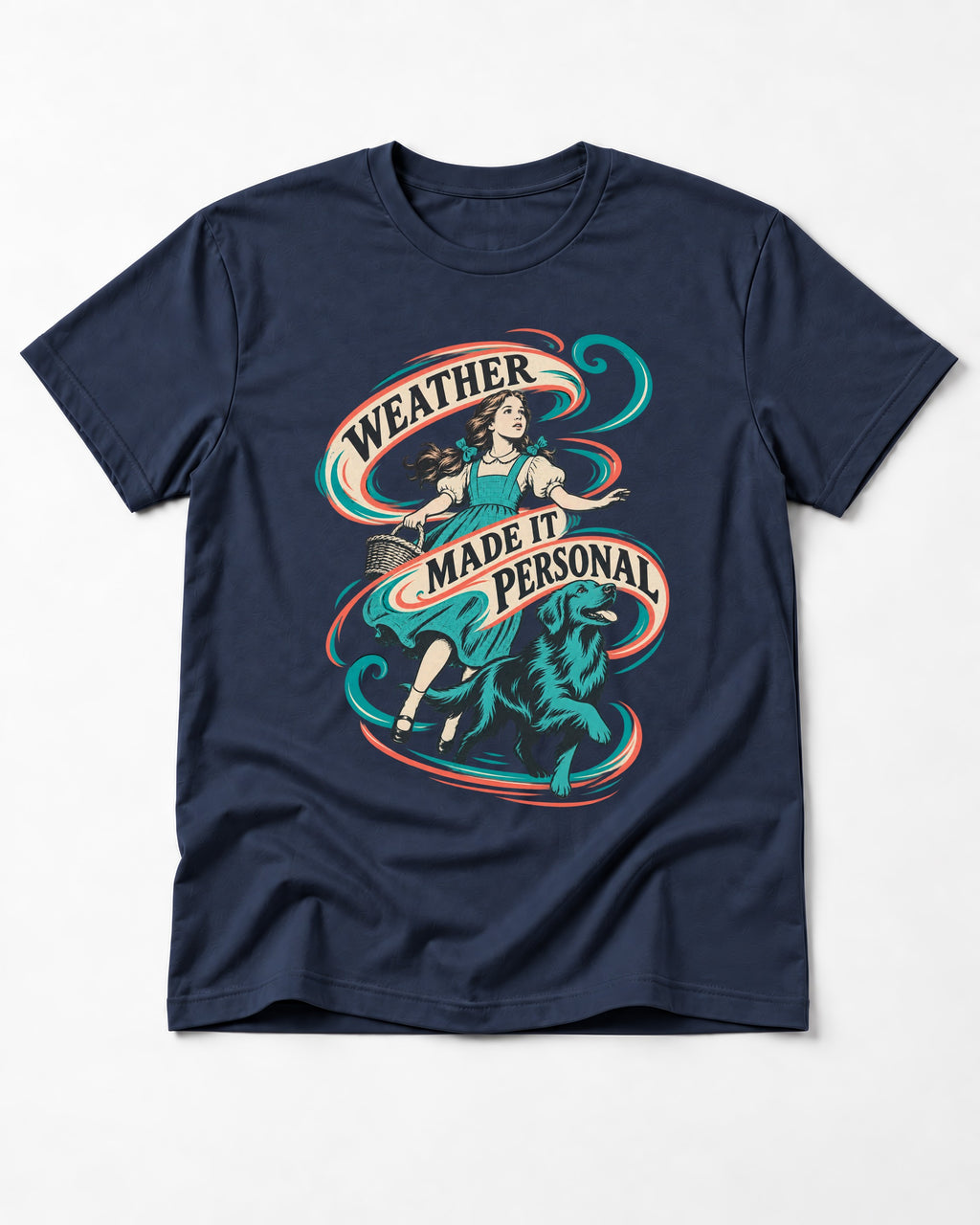 Golden Retriever Weather Made It Personal Woman Graphic T-Shirt in Navy, flat lay product photo