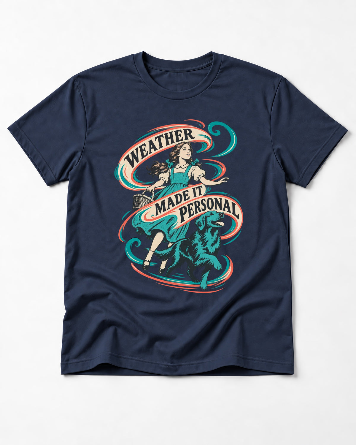 Golden Retriever Weather Made It Personal Woman Graphic T-Shirt in Navy, flat lay product photo