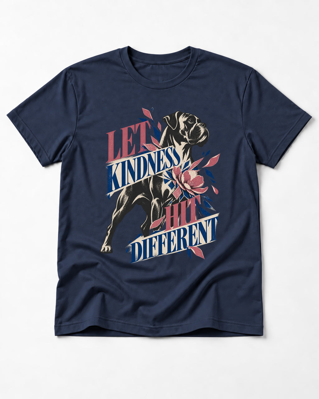 Let Kindness Hit Different Boxer Floral Collage T-Shirt in Navy, flat lay product photo
