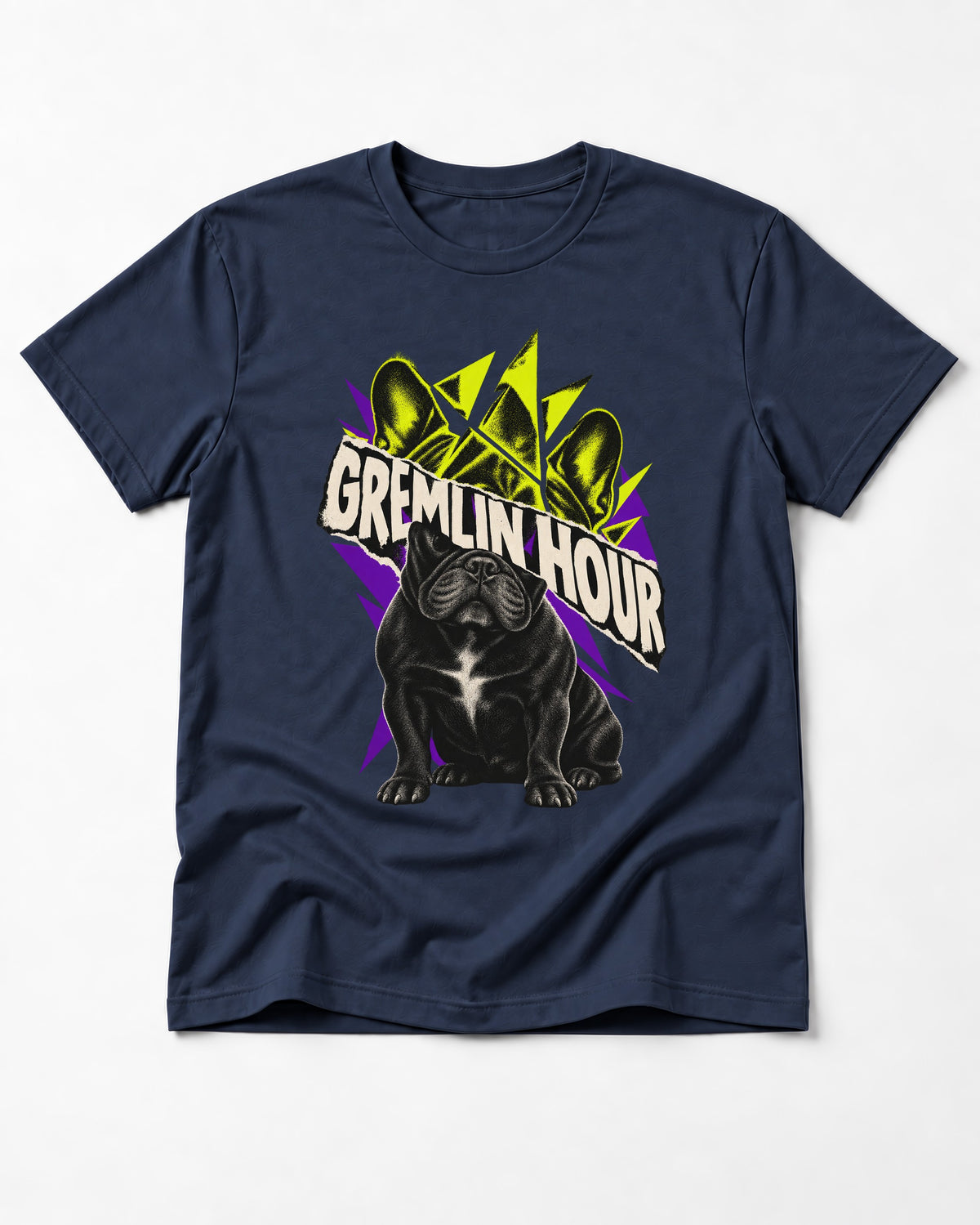Frenchie Gremlin Hour Fracture Portrait Graphic T-Shirt in Navy, flat lay product photo