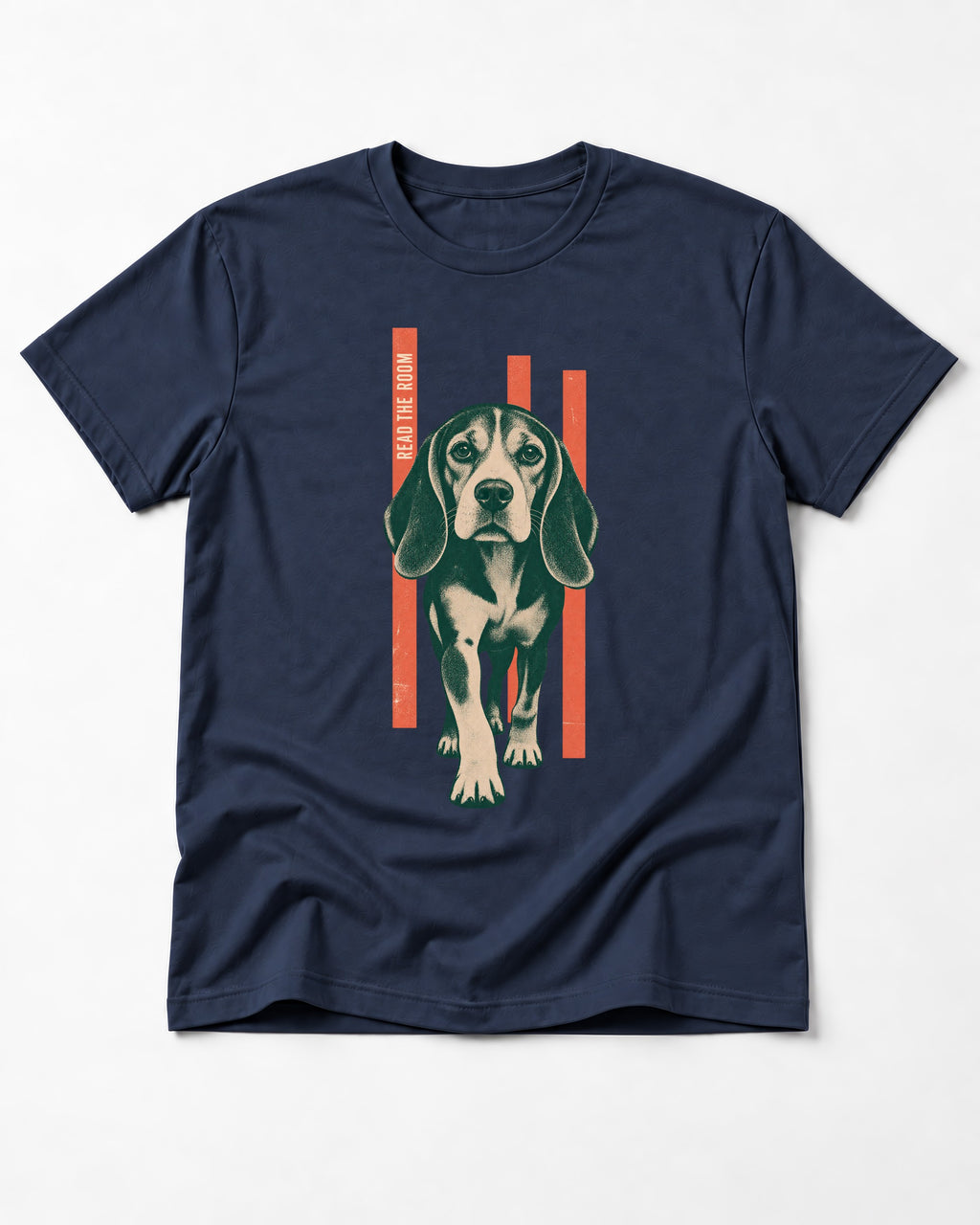 Beagle Before The Move Walking Portrait T-Shirt in Navy, flat lay product photo