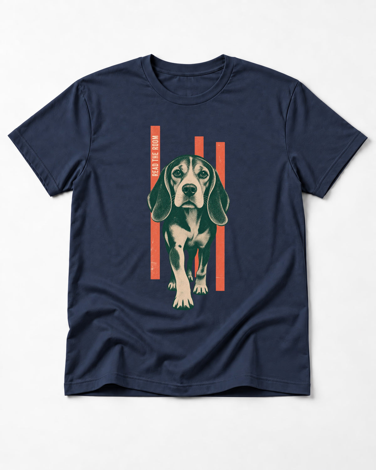 Beagle Before The Move Walking Portrait T-Shirt in Navy, flat lay product photo