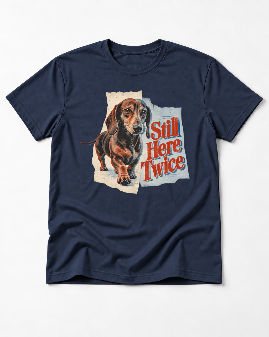 Dachshund Still Here Twice Torn Paper Graphic T-Shirt in Navy, flat lay product photo