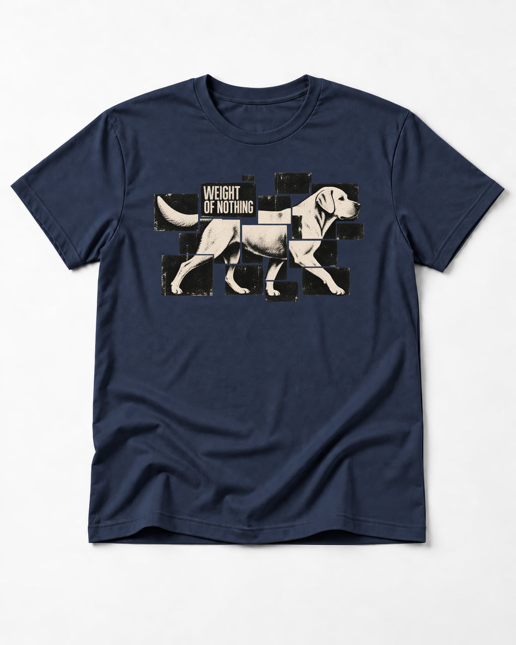 Labrador Retriever Weight of Nothing Fragmented Tile Graphic T-Shirt in Navy, flat lay product photo