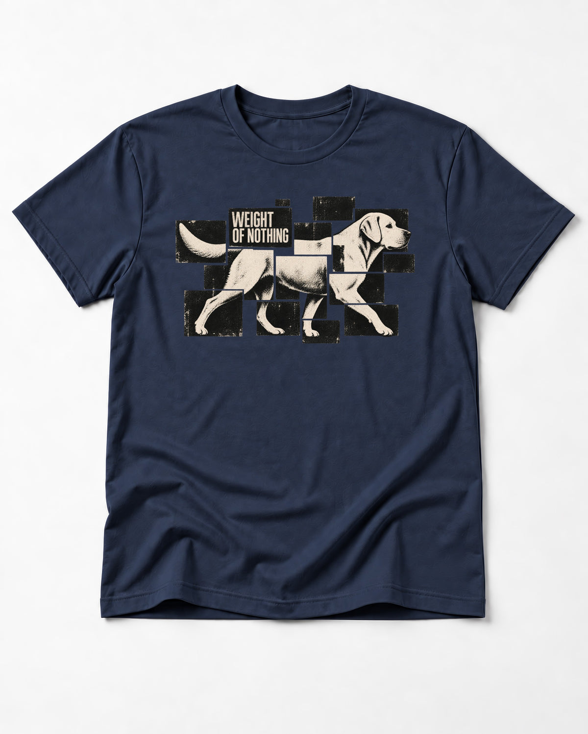 Labrador Retriever Weight of Nothing Fragmented Tile Graphic T-Shirt in Navy, flat lay product photo