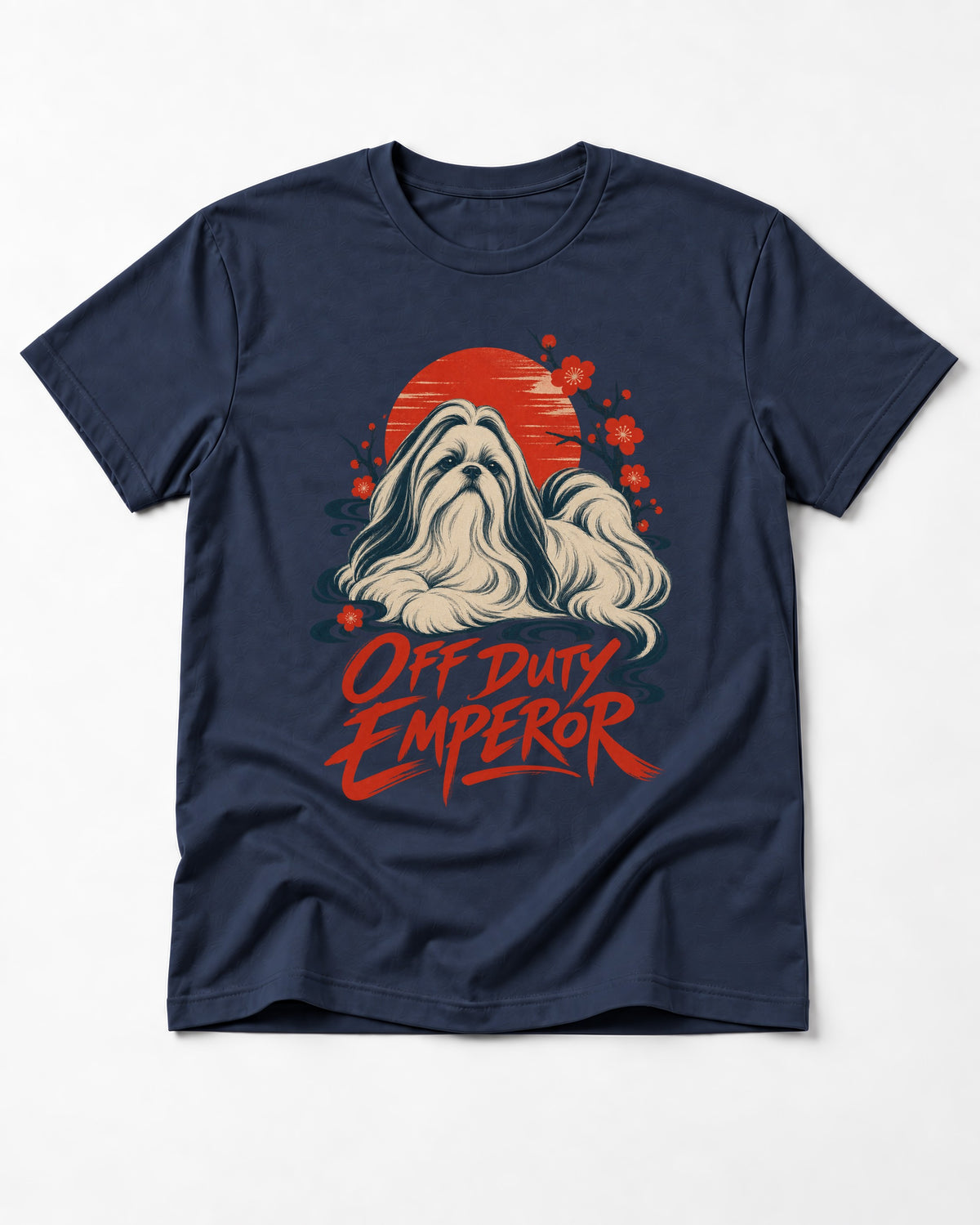 Shih Tzu Off Duty Emperor Sunset Blossom Graphic T-Shirt in Navy, flat lay product photo