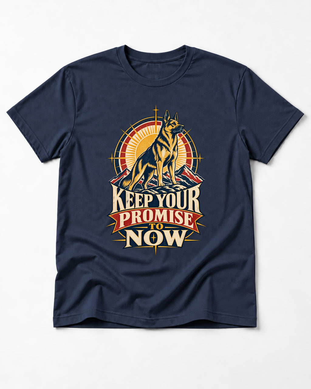 Keep Your Promise To Now Sunrise German Shepherd Dog Graphic T-Shirt in Navy, flat lay product photo