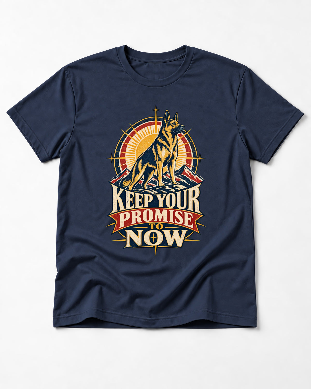 Keep Your Promise To Now Sunrise German Shepherd Dog Graphic T-Shirt in Navy, flat lay product photo