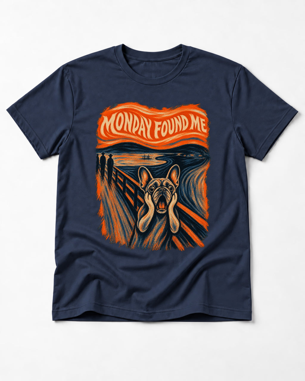 Frenchie Monday Found Me Scream Graphic 194 T-Shirt in Navy, flat lay product photo