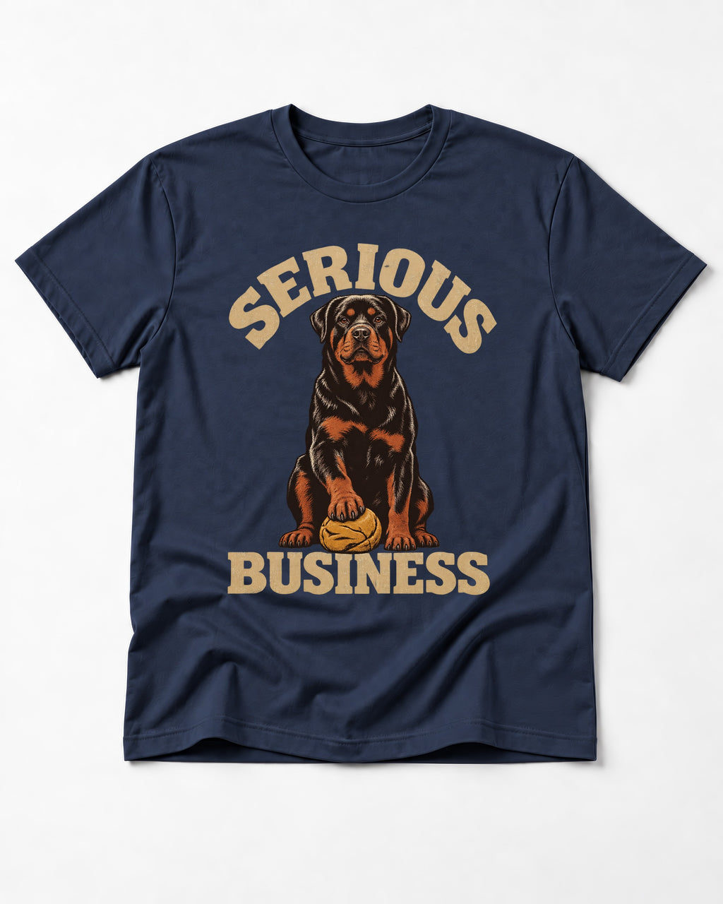 Rottweiler Serious Business Ball Under Paw Graphic T-Shirt in Navy, flat lay product photo