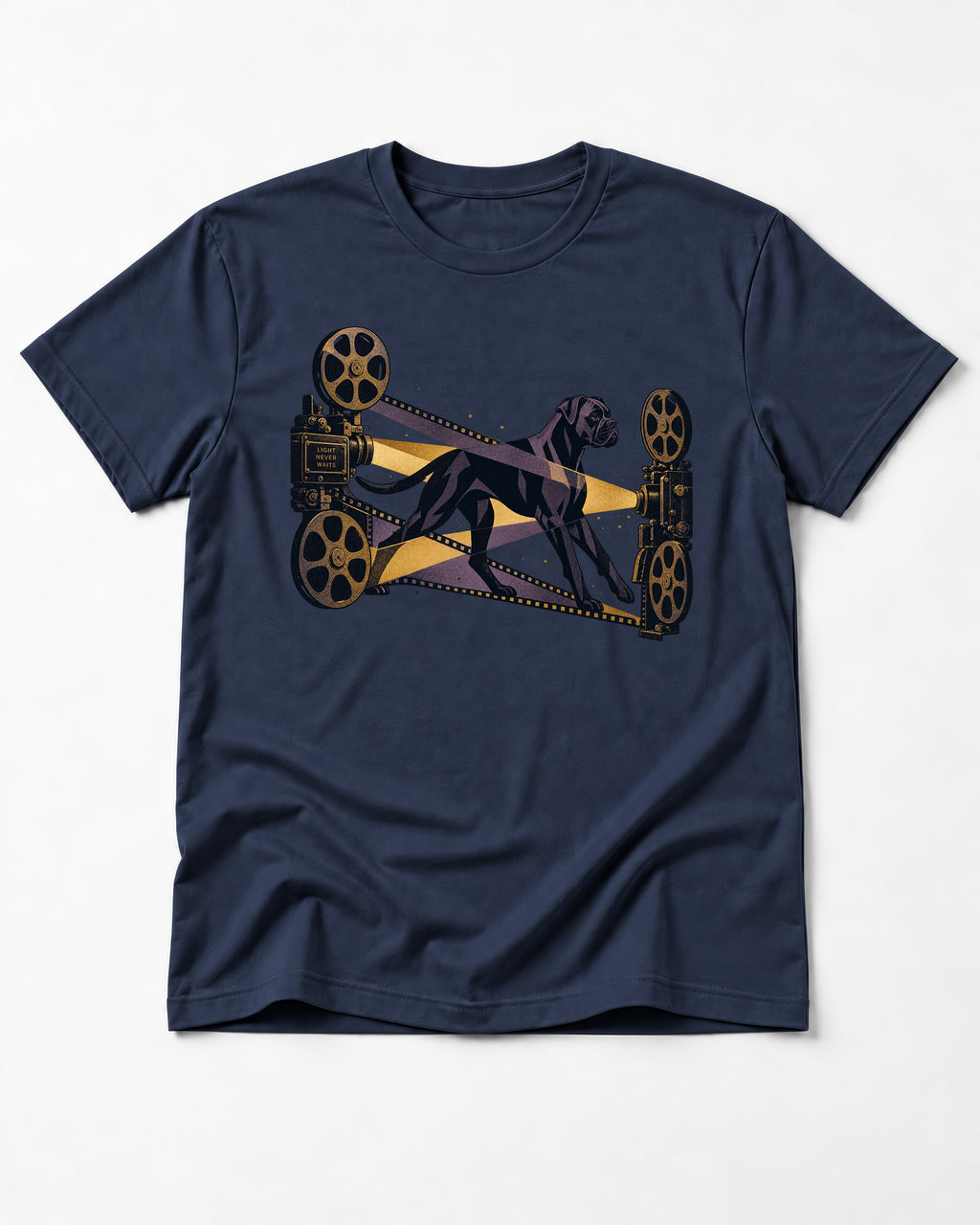 Light Never Waits Boxer Cinema Graphic T-Shirt in Navy, flat lay product photo
