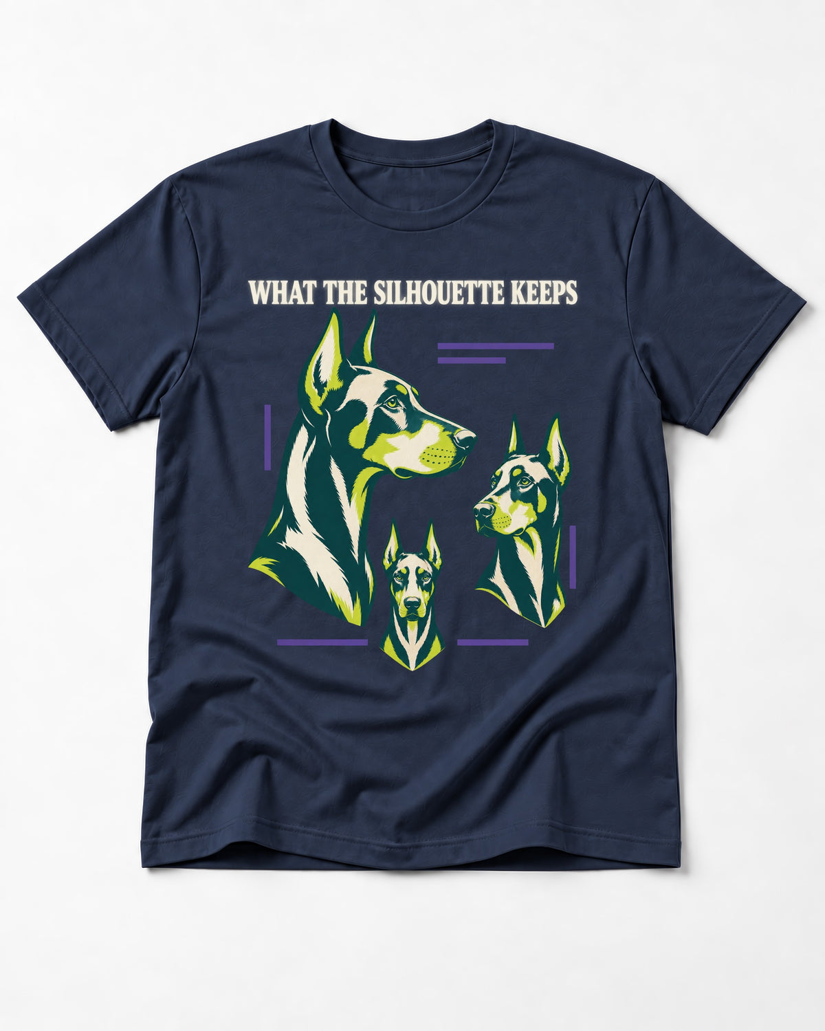 Doberman What the Silhouette Keeps Three Portrait Graphic T-Shirt in Navy, flat lay product photo