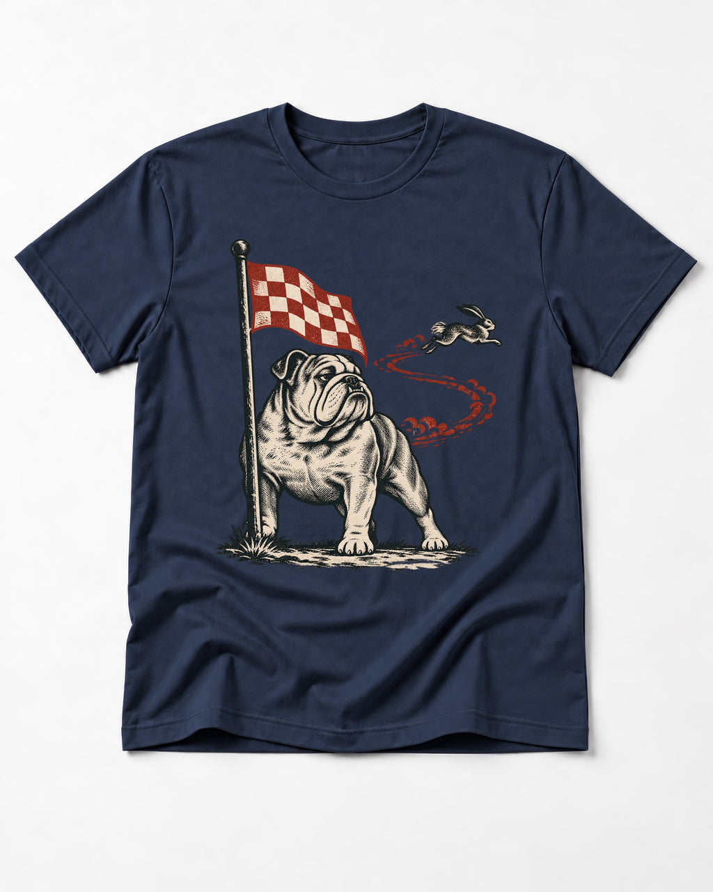 English Bulldog Checkered Flag Rabbit Chase T-Shirt in Navy, flat lay product photo